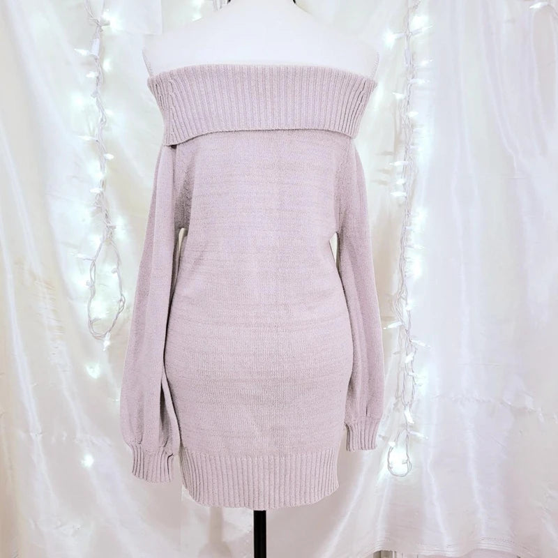 Hnewly Cottage Fairy 00s Vintage Knitted Dress Japanese Off Shoulder Pullovers Mini Dress Fairy Y2K Kawaii Tie Up Retro Sweater Dress