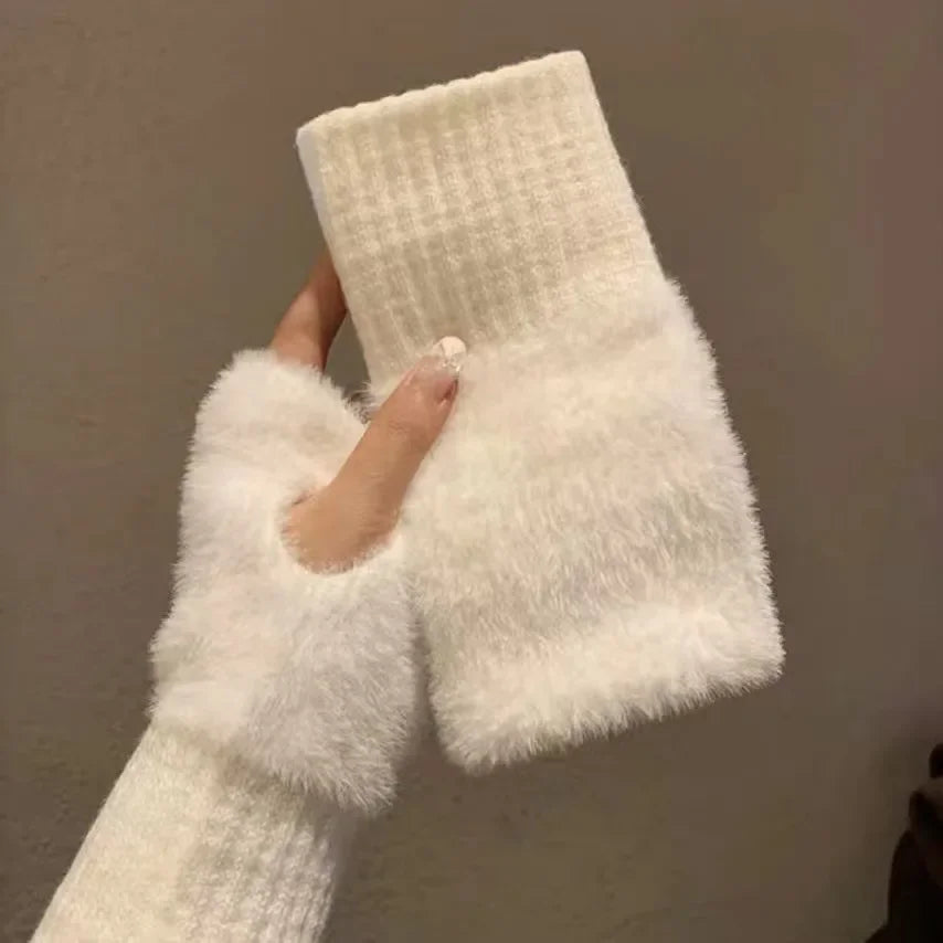 Hnewly Mink Fleece Soft Winter Half Finger Gloves Women Warm Luxury Solid White Plush Knitted Fingerless Gloves Wrist Mittens Writting