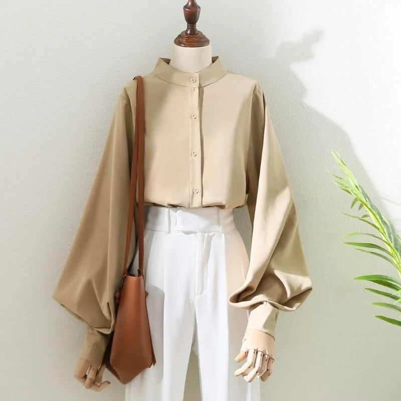 Hnewly Woman Spring Autumn Style Blouses Shirt Lady Long Lantern Sleeve Stand Collar Loose Blusas Tops