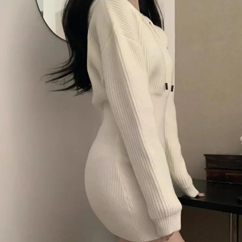 Hnewly Sexy White Thicken Knit Mini Dress Woman Korean Elastic High Waist Bandage Dresses Women Hooded Outwear Long Sleeve Slim Dress