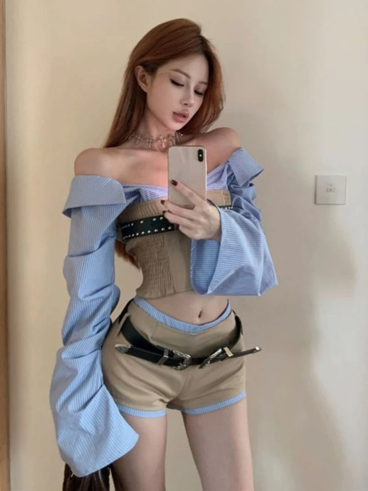 Hnewly Woman Korean Style Suit Off Shoulder Striped Sexy Shirt + Hight Street Slim Shorts Y2k E-girls Aesthetics Fashion 2 Piece Set