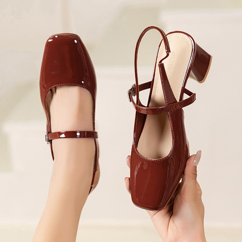 Hnewly High Heels Mary Jane Sandals Women Summer Red Patent Leather Slingbacks Pumps Woman Square Toe Thick Heeled Shoes Ladies