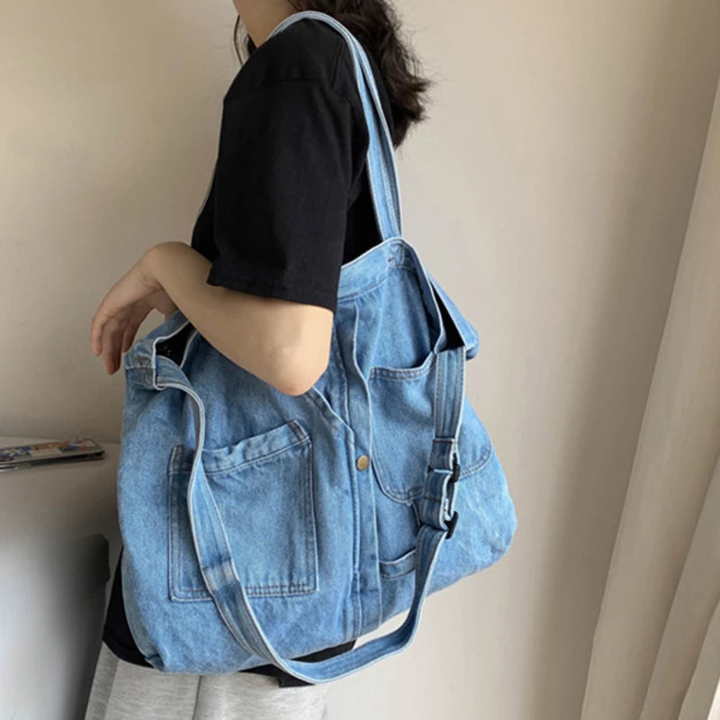 Denim Tote Bags for Women and Man Large Capacity Design Handbag Unisex Casual Blue Shoulder Shopping Pack Jeans Japan Style Y2K