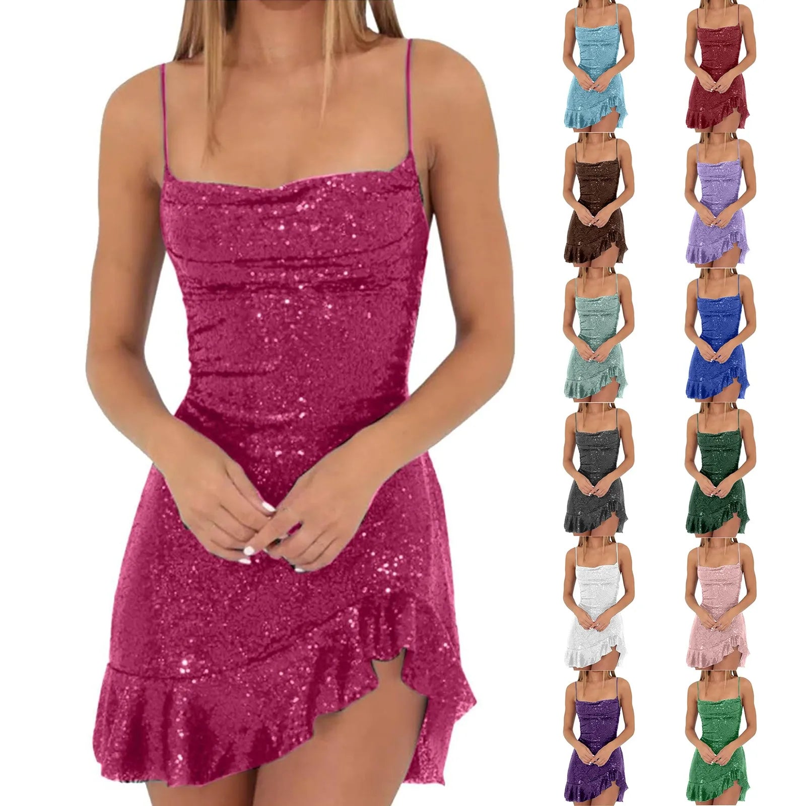 Hnewly DRESS TO IMPRESS Sexy Slim Fitting Fashion Solid Color Sequin Back Cross Tie Ruffle Edge Sleeveless Suspender Irregular Hem Pleated Party Dress