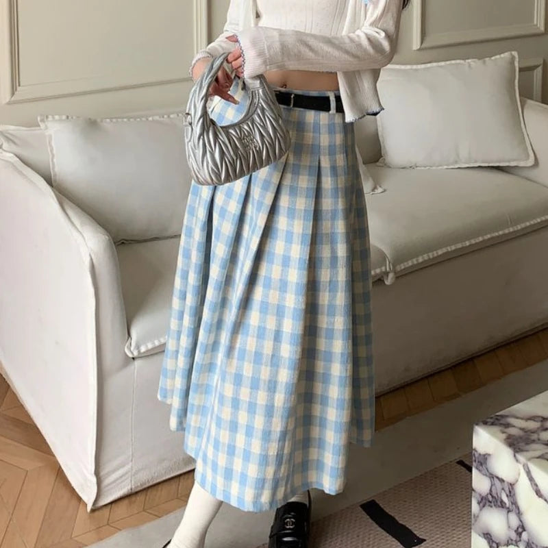 Hnewly Preppy Style Plaid Long Skirt Women Sweet Elegant Vintage Pleated Skirt High Waist Autumn Winter Retro A-line Skirts