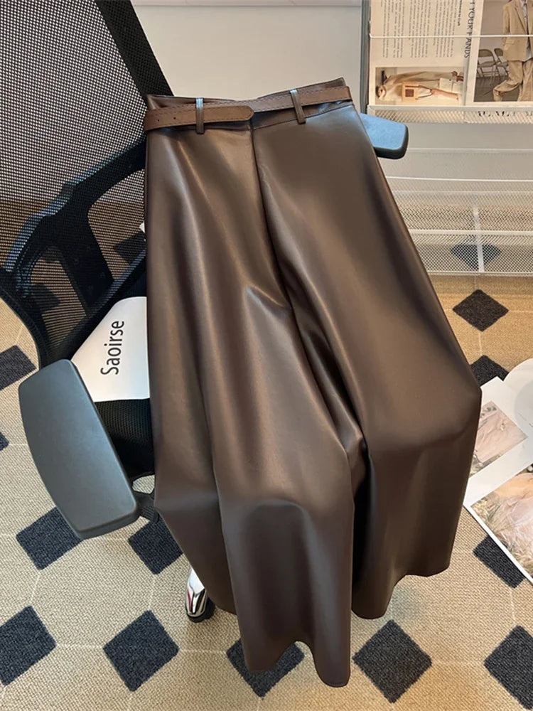 Hnewly Women's A-line Brown Pleated PU Skirt Vintage 90s Aesthetic Y2k Grey Long Skirt Harajuku Korean Skirts 2000s Clothes