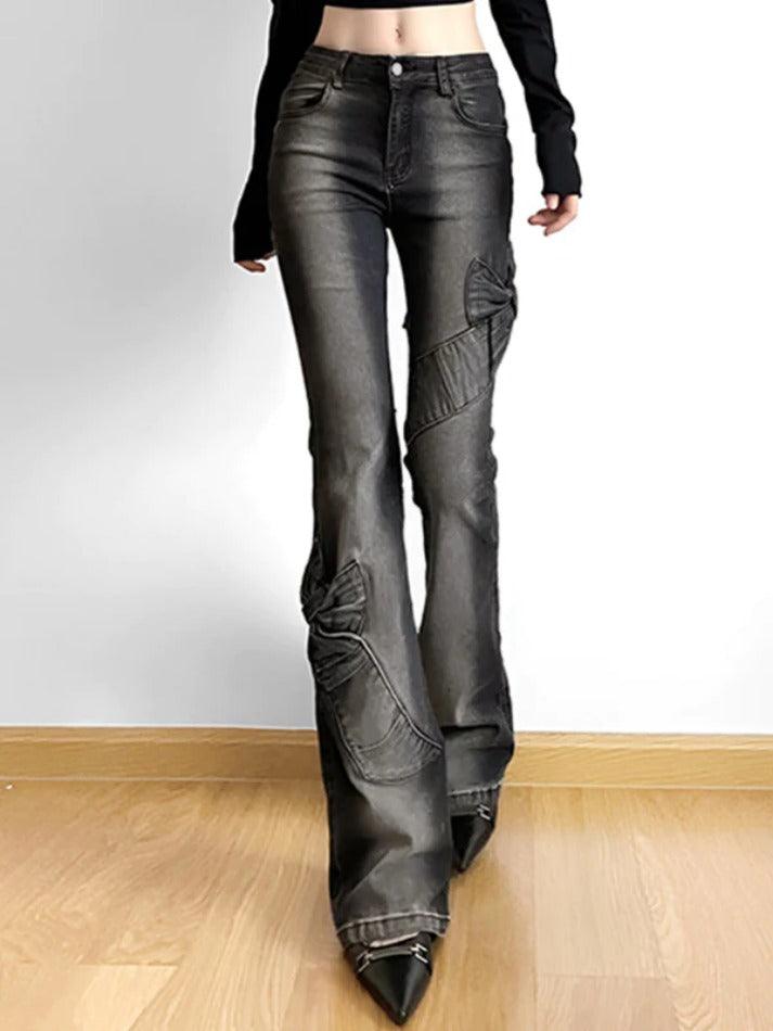 Hnewly - High Rise Ruched Bow Flare Jeans ddbos-shop