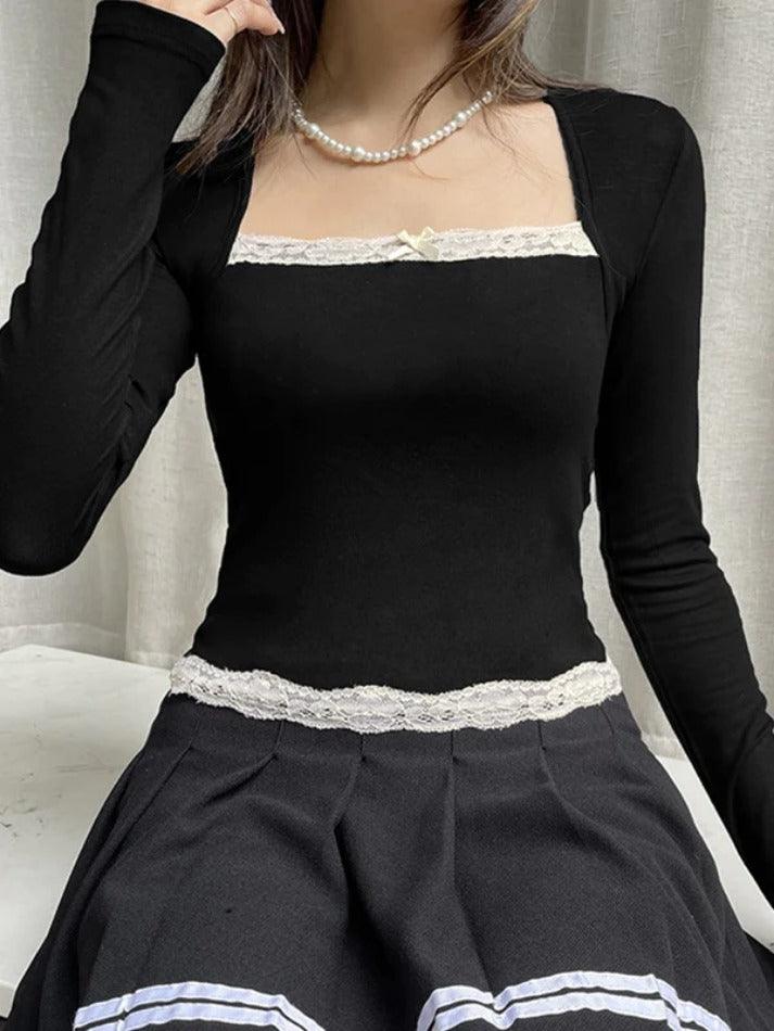 Hnewly French Lace Trim Splice Slim Long Sleeve Tee