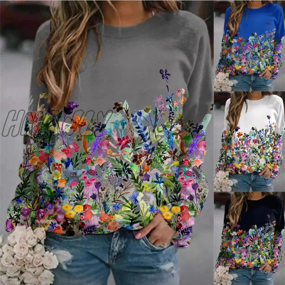 Autumn And Winter Women’s Flower Print Top Loose Long - Sleeved Round Neck Sweater Casual