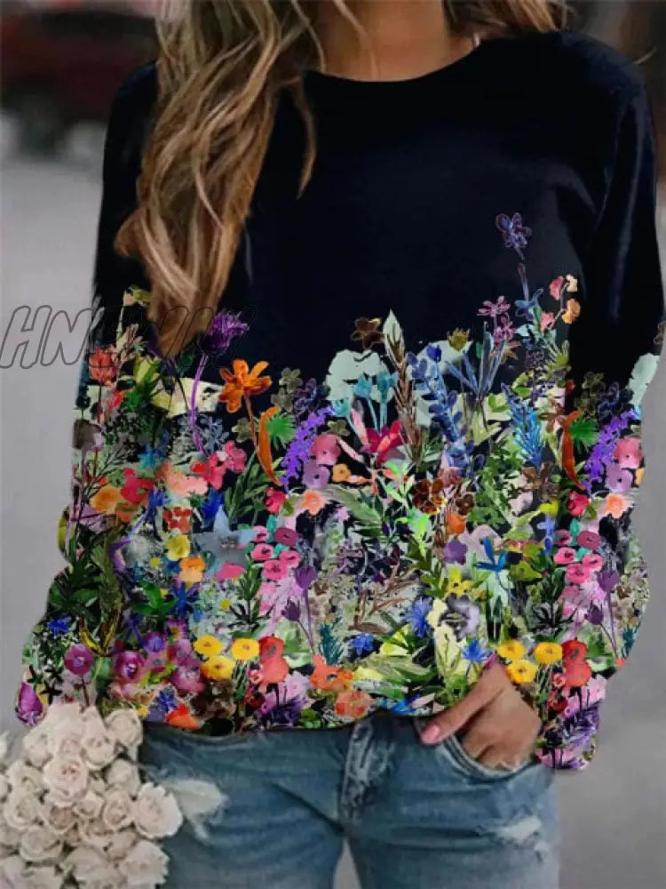 Autumn And Winter Women’s Flower Print Top Loose Long - Sleeved Round Neck Sweater Casual