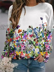 Autumn And Winter Women’s Flower Print Top Loose Long - Sleeved Round Neck Sweater Casual