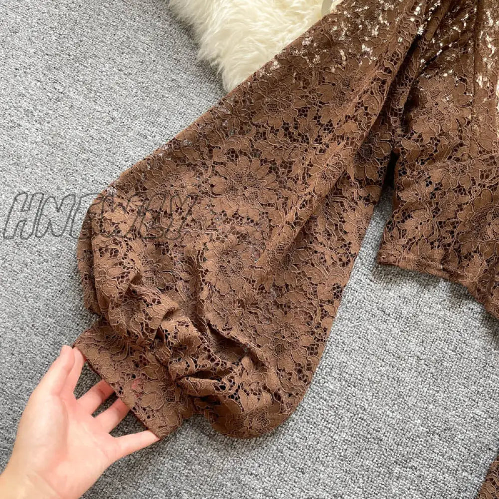 Autumn Black/White/Brown Sexy Lace Blouse Women Elegant V - Neck Puff Long Sleeve Open Back Short