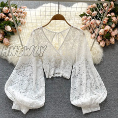 Autumn Black/White/Brown Sexy Lace Blouse Women Elegant V - Neck Puff Long Sleeve Open Back Short