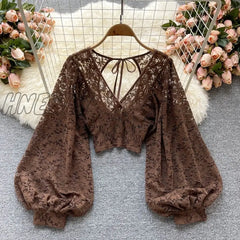 Autumn Black/White/Brown Sexy Lace Blouse Women Elegant V - Neck Puff Long Sleeve Open Back Short