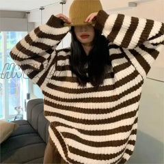 Autumn Winter New Thickened Round Neck Striped Pullover Sweater Female Students Lazy Loose