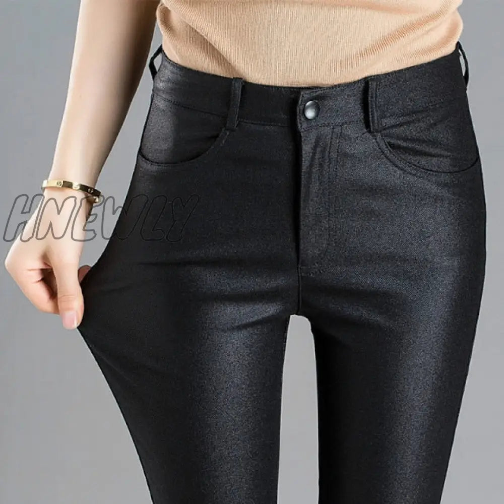 Autumn Winter Warm Women’s Pants Female Pu Leather Velvet Trousers Elastic Pencil Skinny Tight