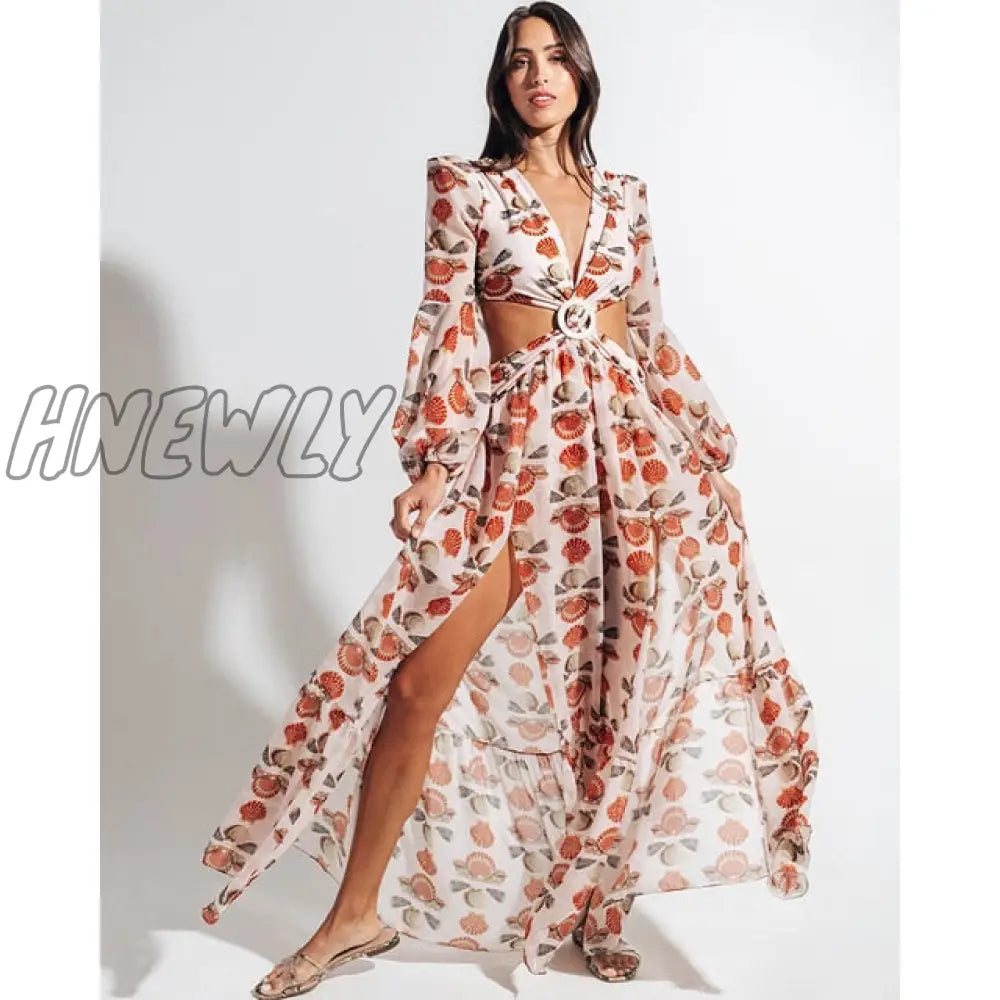Beach Dress Summer Print Swimwear Women Sexy Cover Up Solid Long Tunic Bubble Sleeve Swimsuit With