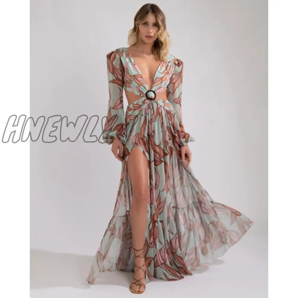 Beach Dress Summer Print Swimwear Women Sexy Cover Up Solid Long Tunic Bubble Sleeve Swimsuit With