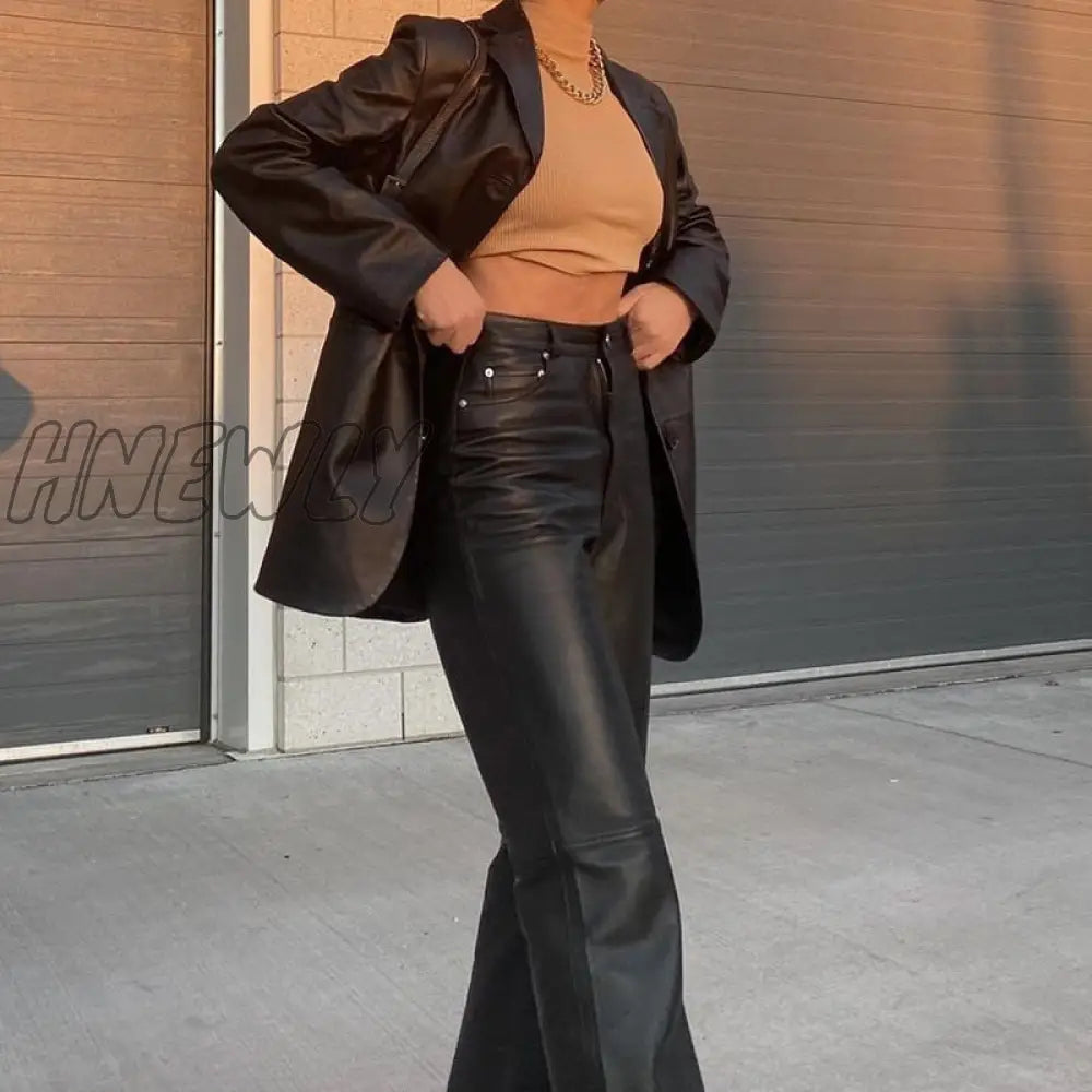 Black Faux Leather Pants Women New Straight Leg Fashion Harajuku Baggy Trouser Casual Elegant High