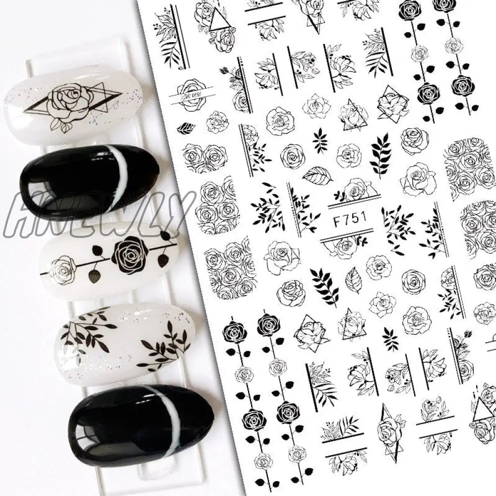 Black White Butterfly 3D Nails Sticker Geometry Decals Flower Gold Diy Designs For Nail Art