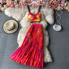 Bohemian Vacation Beach 2Pcs Set Women Floral Printed Short Strapless Tops And High Waist Pleated