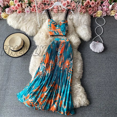 Bohemian Vacation Beach 2Pcs Set Women Floral Printed Short Strapless Tops And High Waist Pleated