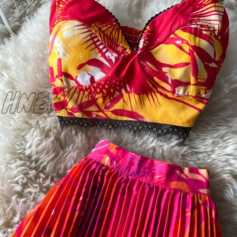 Bohemian Vacation Beach 2Pcs Set Women Floral Printed Short Strapless Tops And High Waist Pleated