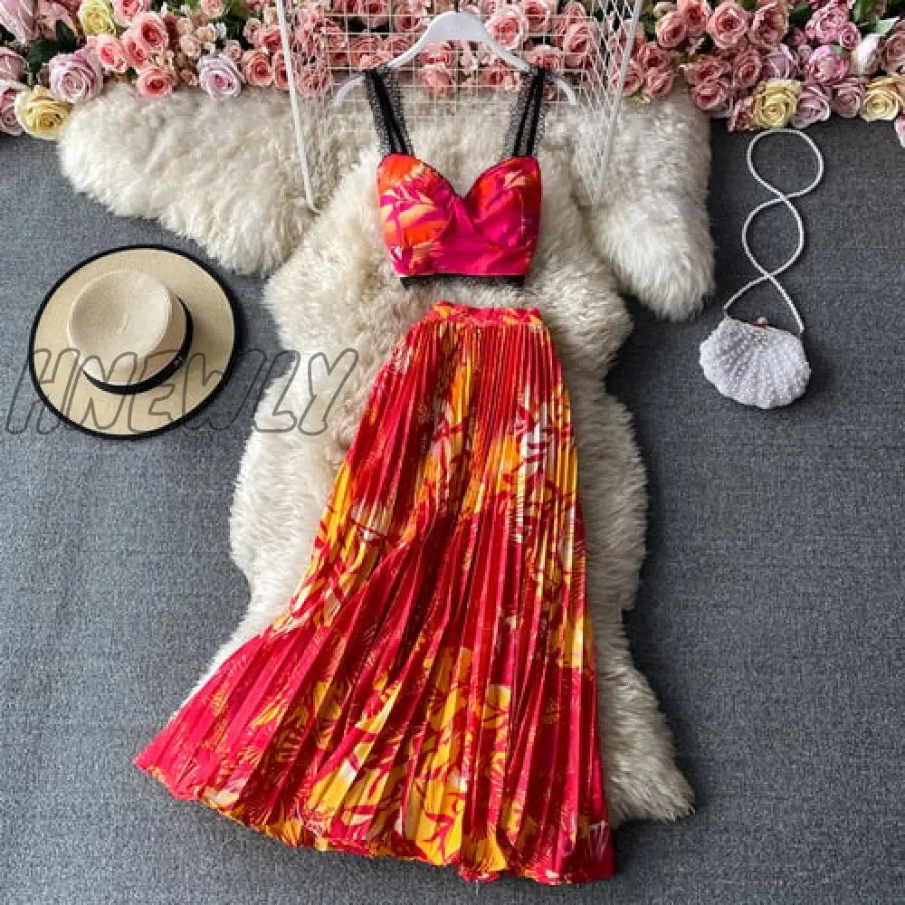 Bohemian Vacation Beach 2Pcs Set Women Floral Printed Short Strapless Tops And High Waist Pleated