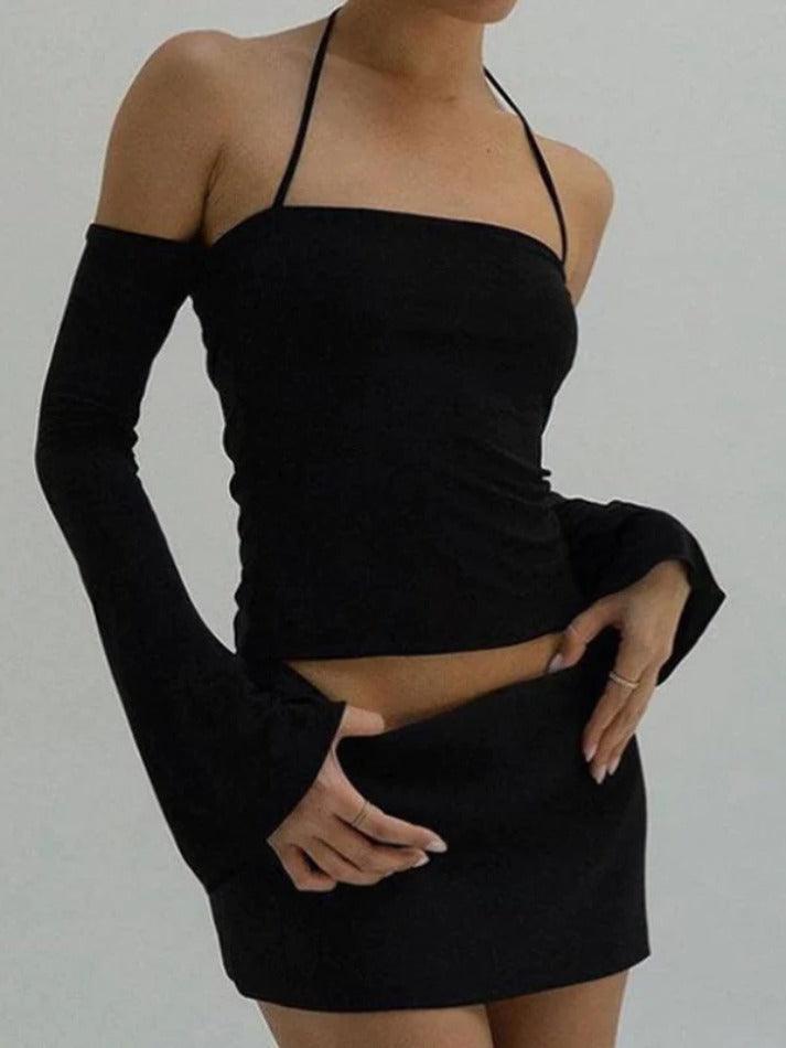 Hnewly Solid Halter Off Shoulder Long Sleeve Tee