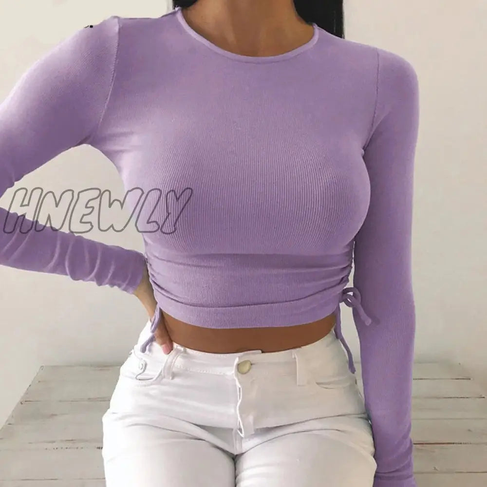 Casual Solid O - Neck Long Sleeve Crop Top Women Pullover Side Drawstring Sweatshirt Ruched White T