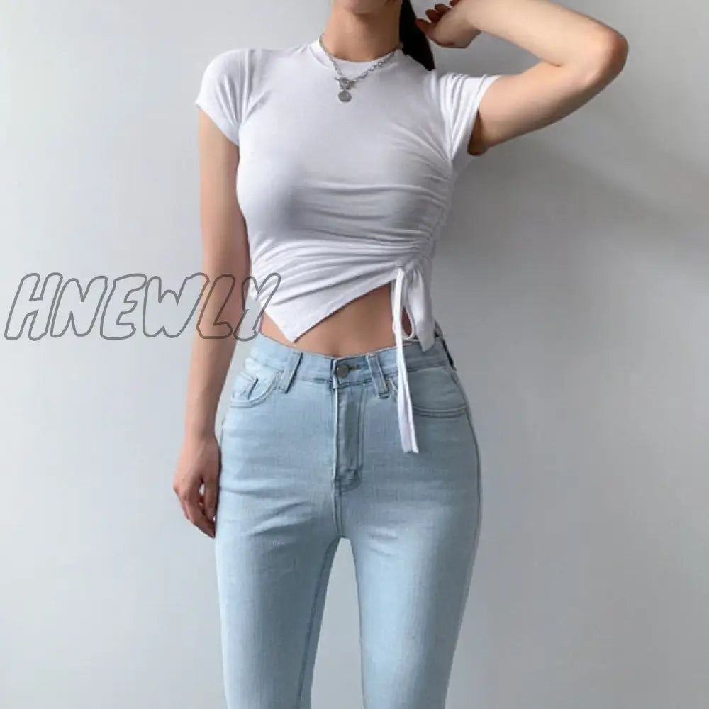 Casual Solid O - Neck Long Sleeve Crop Top Women Pullover Side Drawstring Sweatshirt Ruched White T