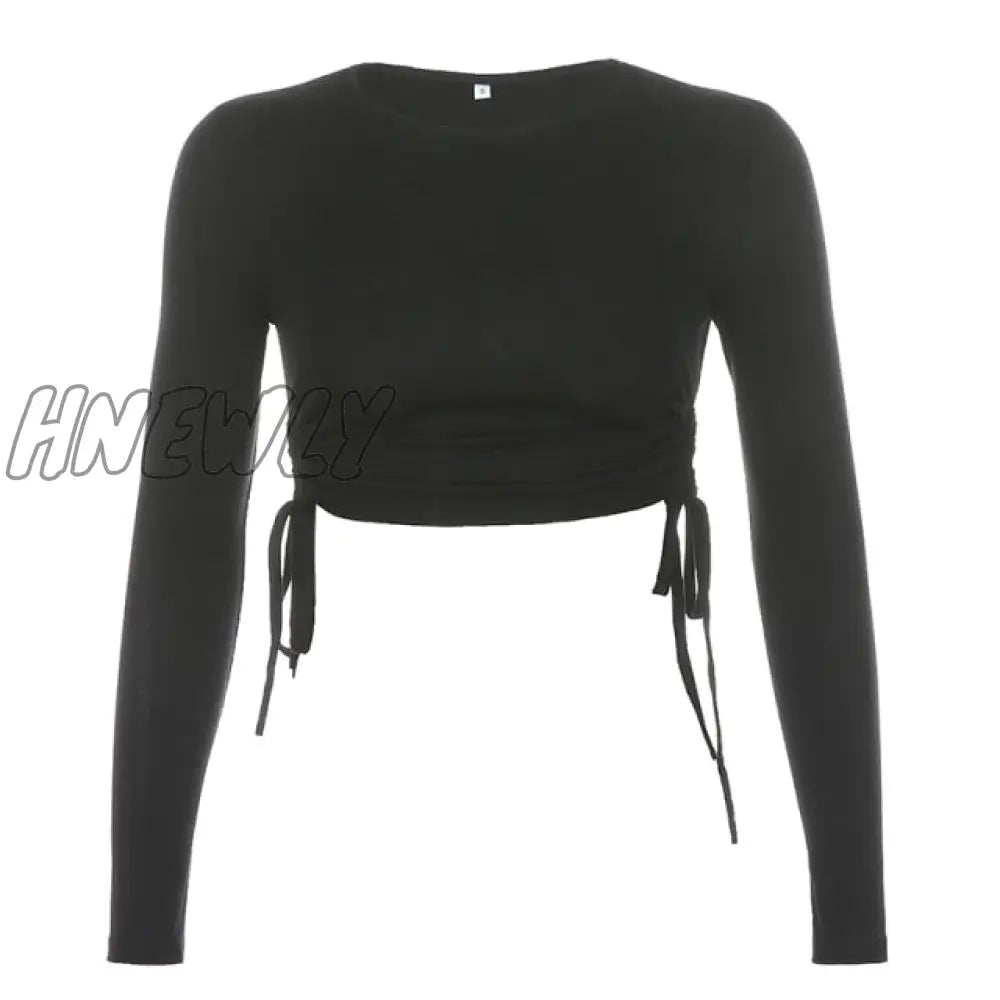 Casual Solid O - Neck Long Sleeve Crop Top Women Pullover Side Drawstring Sweatshirt Ruched White T