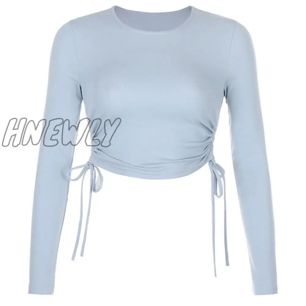 Casual Solid O - Neck Long Sleeve Crop Top Women Pullover Side Drawstring Sweatshirt Ruched White T