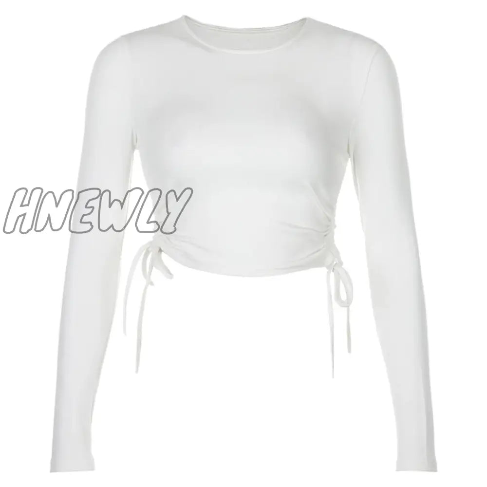 Casual Solid O - Neck Long Sleeve Crop Top Women Pullover Side Drawstring Sweatshirt Ruched White T