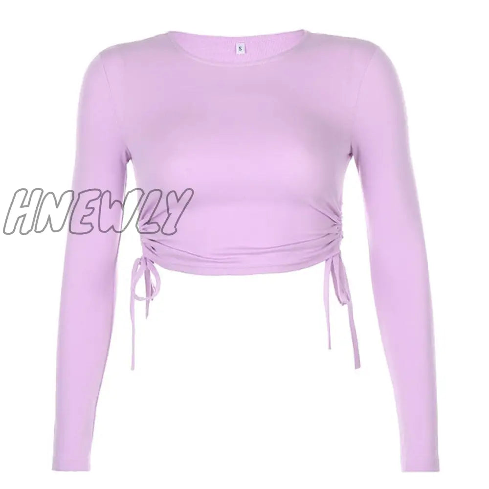 Casual Solid O - Neck Long Sleeve Crop Top Women Pullover Side Drawstring Sweatshirt Ruched White T