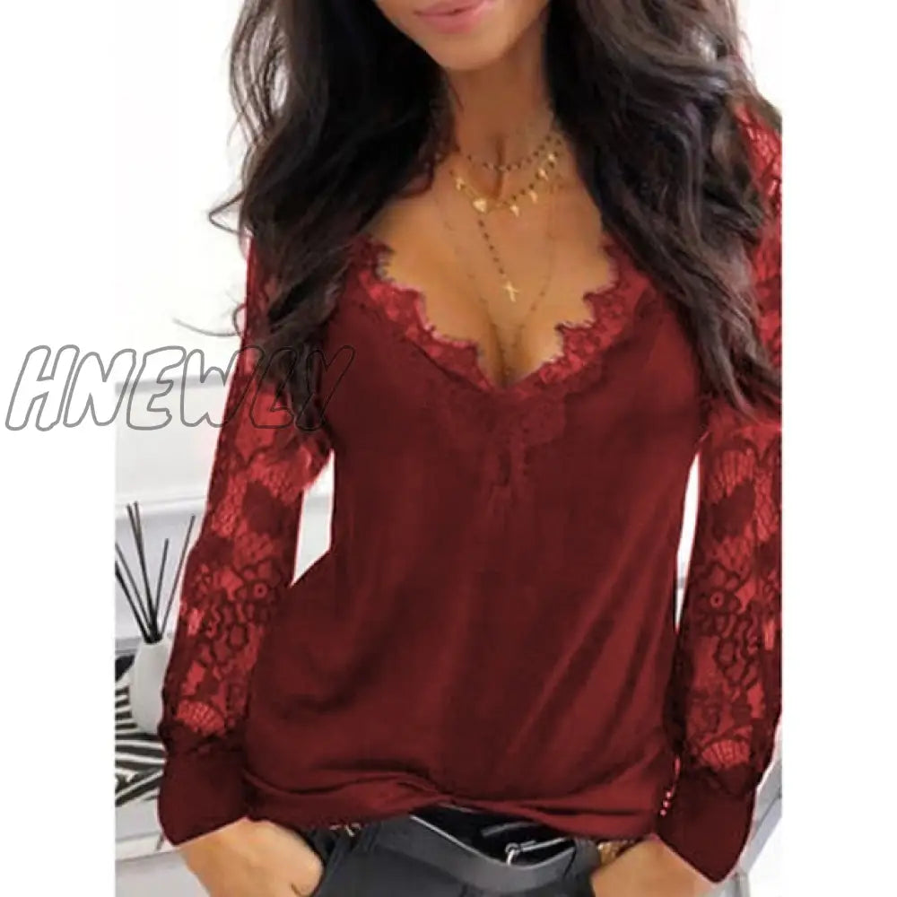 Casual V - Neck Lace Long Sleeve T - Shirt For Women Spring Winter Clothes Y2K Sexy Solid Color