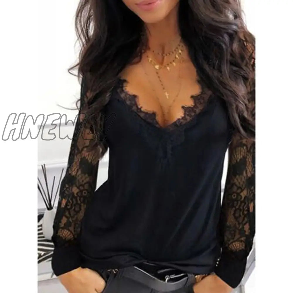 Casual V - Neck Lace Long Sleeve T - Shirt For Women Spring Winter Clothes Y2K Sexy Solid Color