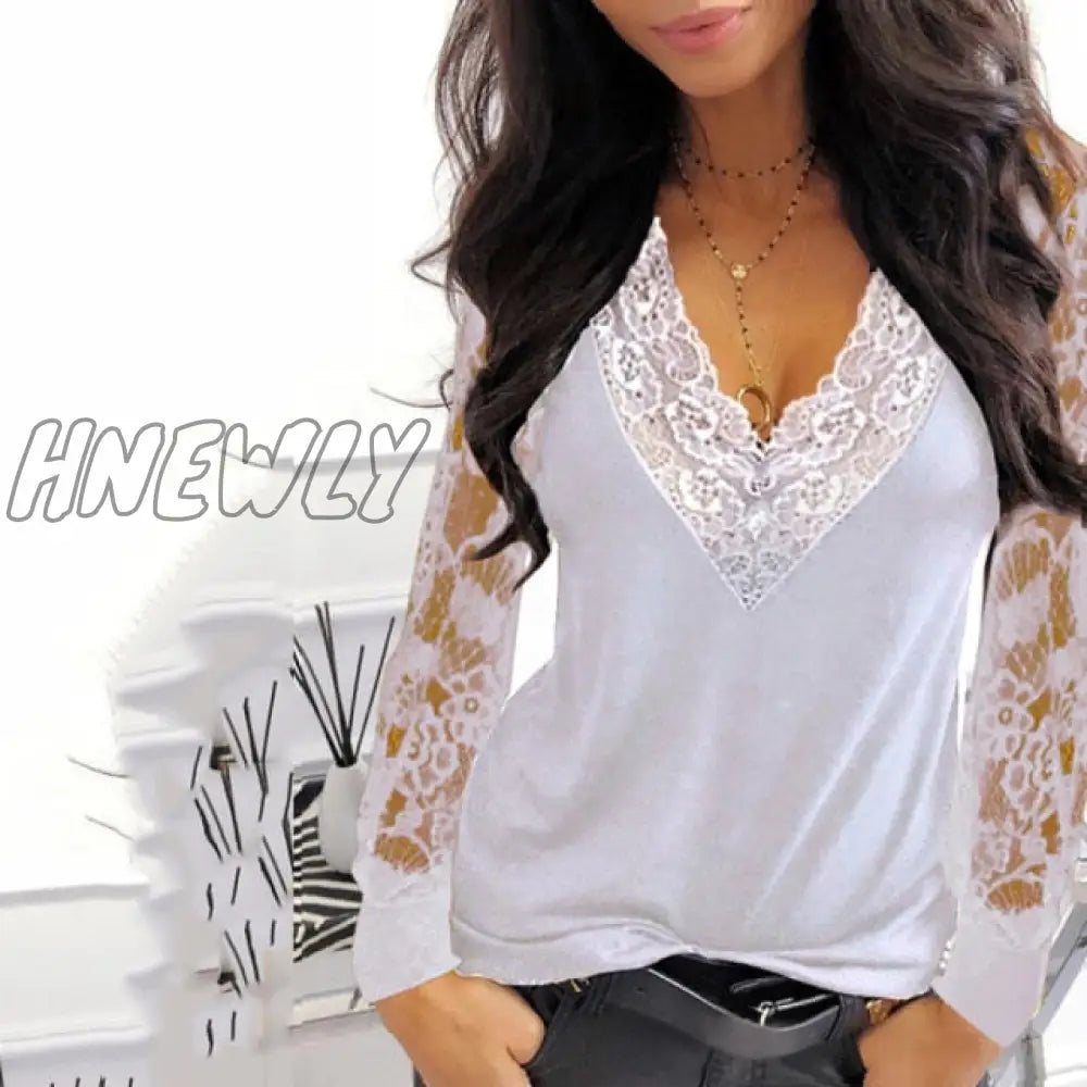 Casual V - Neck Lace Long Sleeve T - Shirt For Women Spring Winter Clothes Y2K Sexy Solid Color