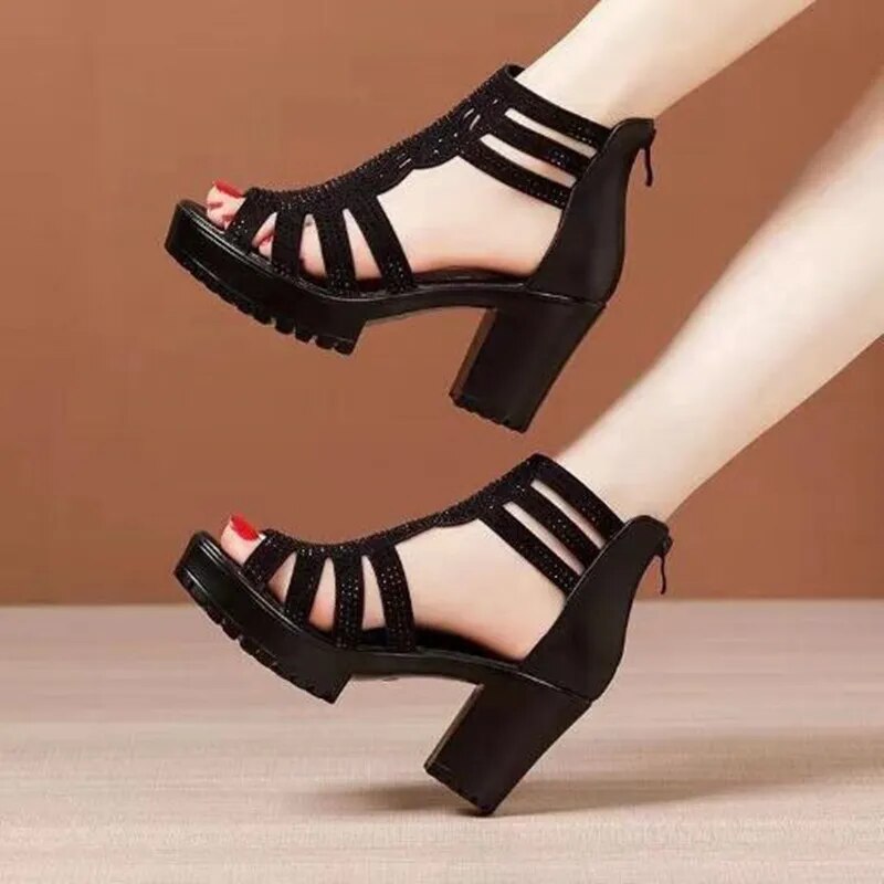 Hnewly High Heels Gladiator Sandals Woman Open Head Sexy Black Rivet Block Heel Platform Shoes Summer Back Zip Size 35-40 Women Sandals