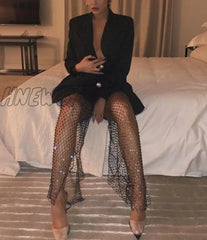 Dirtylily Crystal Diamond Shiny Women Pants Summer New Fashion Hollow Out Fishnet Wide Leg Trousers