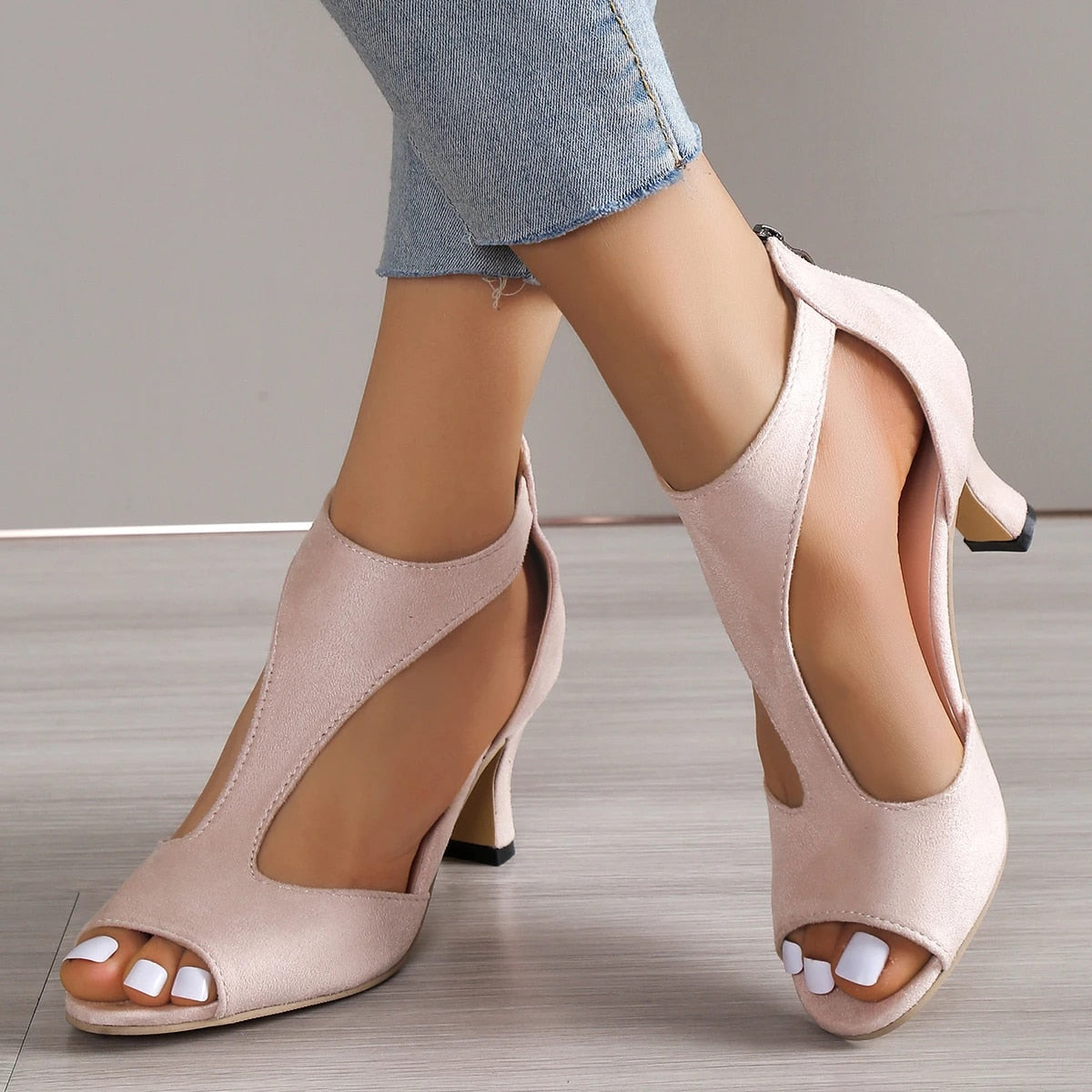 Hnewly Sandals Woman Summer Round Toe Fish Toe Stiletto Sandals Social Shoes Medium Heel Roman High Heels Plus Size Party Elegant