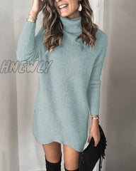 Fashion Turtleneck Long Sleeve Sweater Dress Women Autumn Winter Loose Tunic Knitted Casual Pink