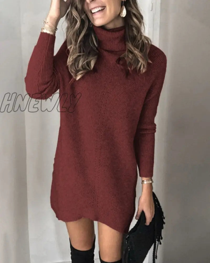 Fashion Turtleneck Long Sleeve Sweater Dress Women Autumn Winter Loose Tunic Knitted Casual Pink