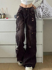 hnewly - Vintage Distressed Studded Ripped Cargo Jeans hnewly