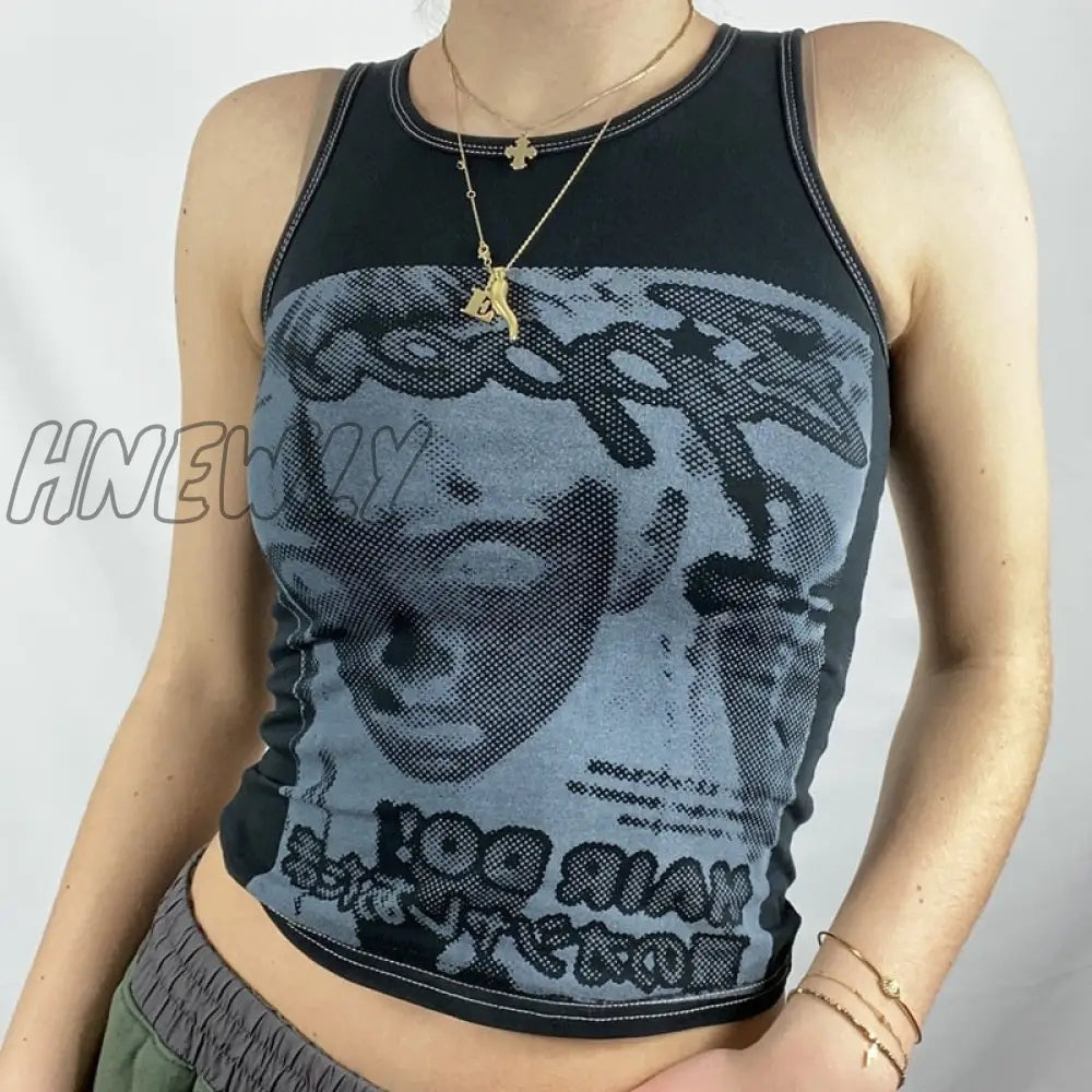 Gothic Emo Vintage Sleeveless Tank Top Face Graphic Printed Sweat Vest Y2K Aesthetic Harajuku