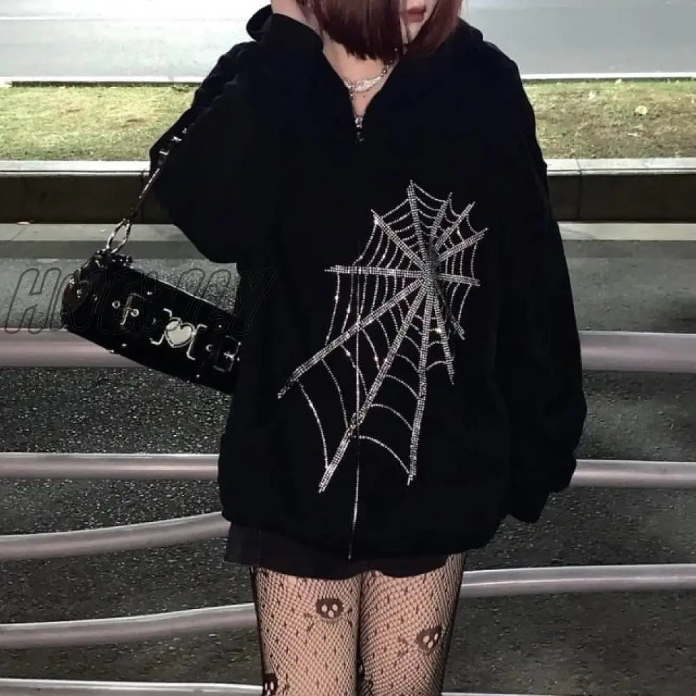 Harajuku Zip Up Hoodies Women Punk Goth Long Sleeve Printed Sweatshirt Autumn Streetwear Oversized