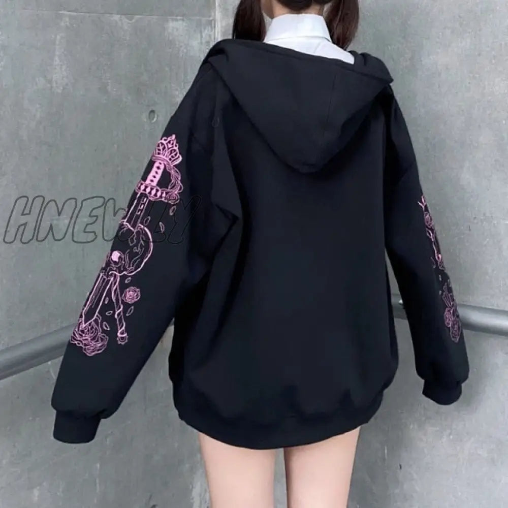 Harajuku Zip Up Hoodies Women Punk Goth Long Sleeve Printed Sweatshirt Autumn Streetwear Oversized