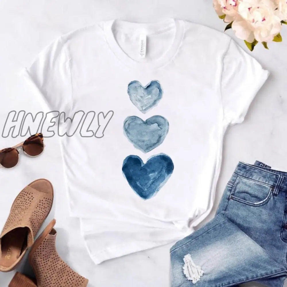 Heart Flower Print Ladies T - Shirt Casual Basis O - Collar White Shirt Short Sleeve Love Graphic