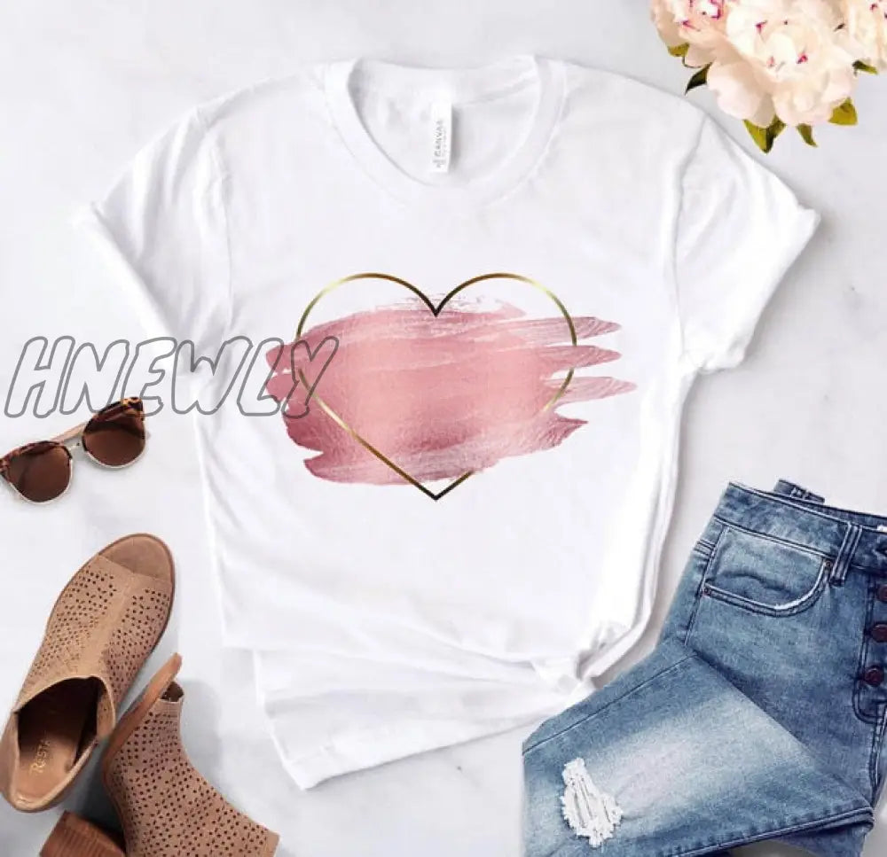 Heart Flower Print Ladies T - Shirt Casual Basis O - Collar White Shirt Short Sleeve Love Graphic