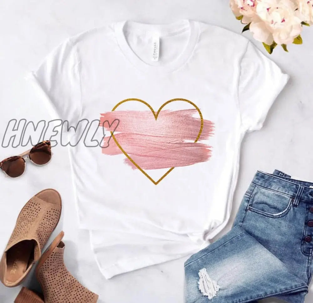 Heart Flower Print Ladies T - Shirt Casual Basis O - Collar White Shirt Short Sleeve Love Graphic